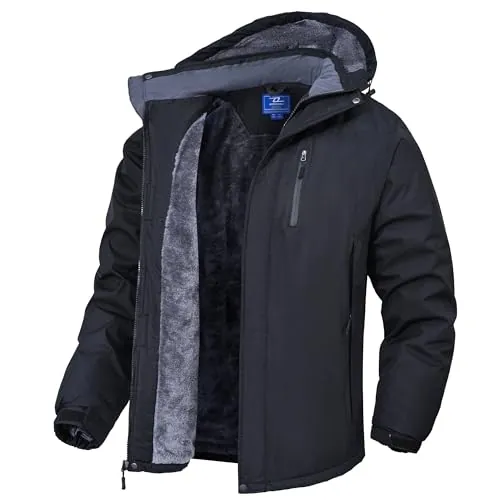 Zzkouine Chaqueta softshell de invierno para hombre, impermeable con forro polar y capucha extraíble, impermeable y resistente al viento, Negro , L