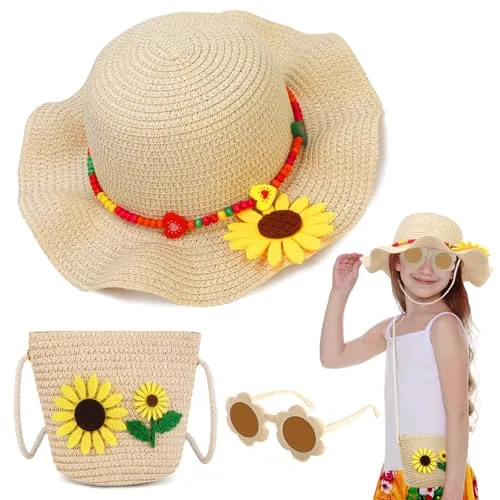 Sombrero de Paja para Niña y Bolso de Verano Set, con Gafas de Sol Niña de Flores, Sombreros Playa de Verano con Decoracion de Flores, Sombrero ala Ancha para el Sol Beige Chica Bolso Playa