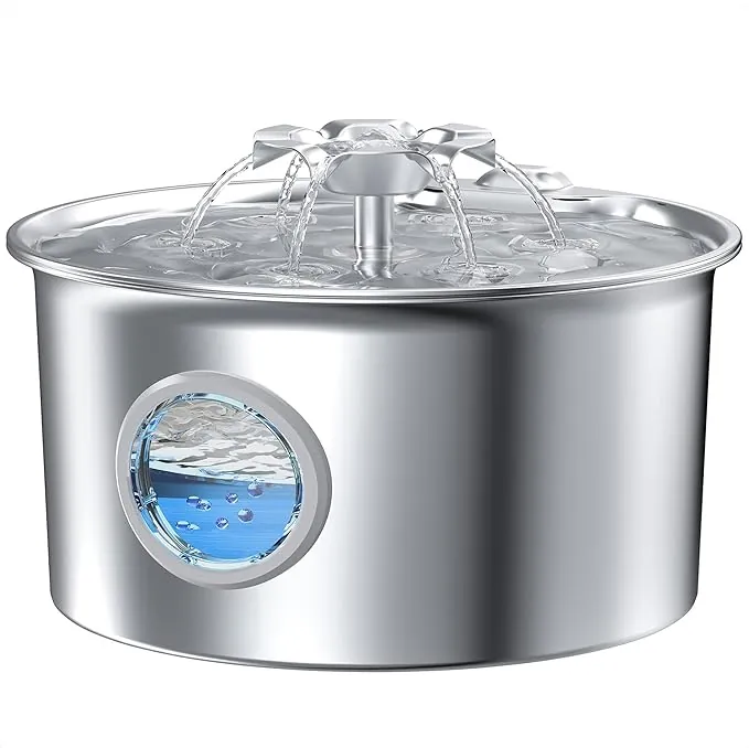 Fuente para Gatos Acero Inoxidable: Bebedero Gatos - 2.6L Fuente Perros Automatico - Silencioso Bebedero Automatico Perro - Dispensador Agua Mascota - Cascada de Flores - con Ventanas de Perspectiva