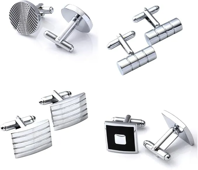 Juego de 4 pares de gemelos de acero inoxidable para hombre, de PiercingJ, estilo clásico, color plateado