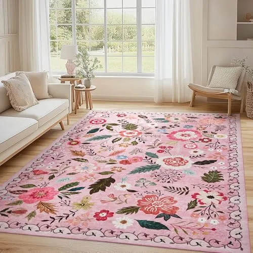 Puremy Alfombra de salón lavable, diseño floral vintage, alfombra de pelo bajo, antideslizante, suave, alfombra grande para salón, dormitorio, granja, comedor y habitación infantil, 160 x 220 cm, rosa