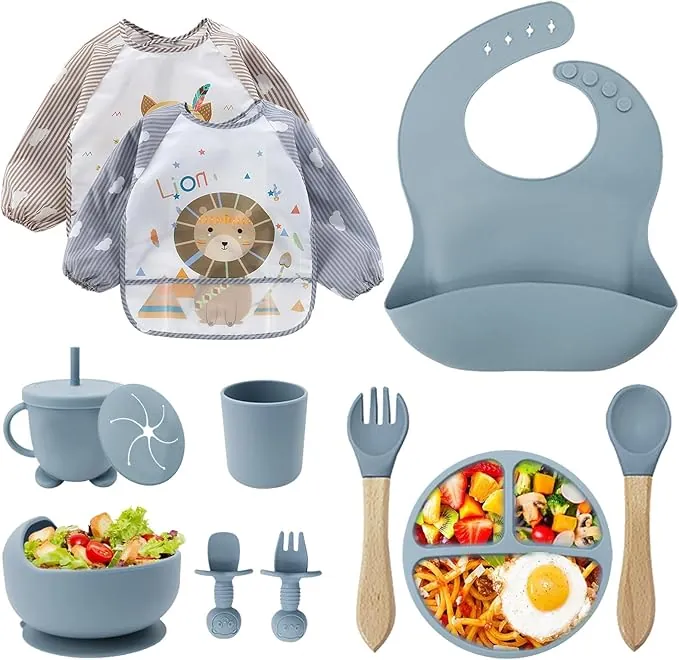Cubiertos Bebe,Juego de 12 Piezas Platos Bebe con Ventosa, Baby Led Weaning,Cubiertos Infantiles,Juegos de Vajilla Bebe,Cuchara Bebe,Babero Silicona Bebe,Plato de Silicón Antideslizante Sin BPA