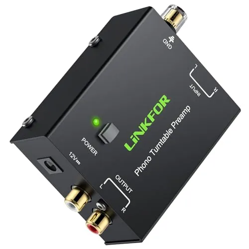 LiNKFOR Preamp de Fono pp900 Ultracompacto Preamplificador de Tocadiscos Bajo Ruido con Entradas y Salidas RCA, Adaptador de Corriente 12V/1A Mini Preamp de Fono para Tocadiscos