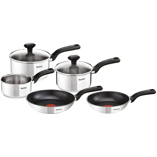 Tefal Comfort Max - Juego de 2 Sartenes 24/28 cm + 3 Cazos de 14/16/18/20 cm + 2 Tapas, Apto inducción, Antiadherente, Revestimiento titanio, Apto lavavajillas y horno, Acero inoxidable