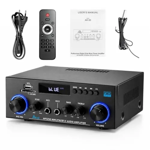 AK50 Amplificador de Audio Estéreo 2.0 Canales, Bluetooth 5.3 | Radio FM y Micrófono 50W+50W RMS, Control de Graves/Agudos, Compatible con TV, Smartphone, Coche, PC y Karaoke