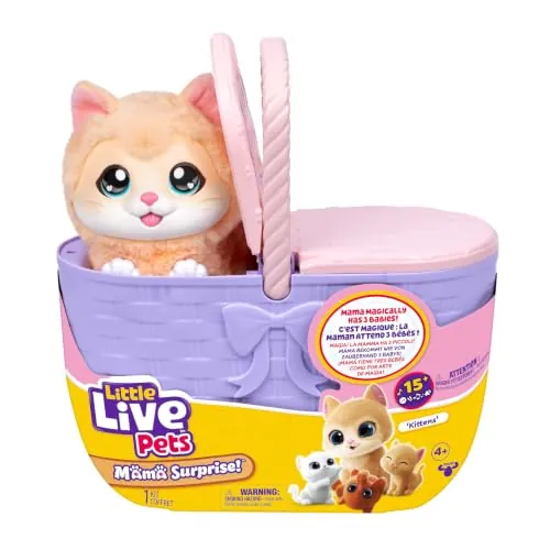 Little Live Pets Mama Surprise Kittens - Mamá interactiva con +15 Sonidos y reacciones - Mamá Tiene 3 bebés Sorpresa - Reacciona al Tacto - Come Pescado - Cesta de Transporte - A Partir de 4 años