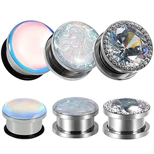 TBOSEN Juego de 6 dilatadores de oreja de acero inoxidable con circonita cúbica grande, dilatador de oreja y piercing para el cuerpo, 8mm, Metal