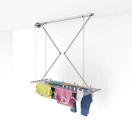 foxydry Mini Tendedero de Techo, Secadero de Secado de Techo Vertical Abatible en Aluminio y Acero 152x54x25 cm