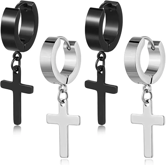 2 Pares Aros Pendientes Hombre Acero Inoxidable Pendientes Aro Punk Colgantes Cruz Pendiente Aros Hombres Aretes Negro para Hombres Mujeres