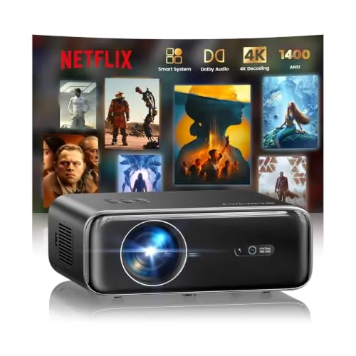 Proyector 4K【1500 ANSI/Netflix Incluido/Dolby】 Smart Proyector 4K Portátil Auto Focus/Keystone WiFi Bluetooth FHD 1080P, HDR10, Proyectors WiFi6 Exterior Zoom 50% para Cine en Casa/PPT Doble HDMI/USB