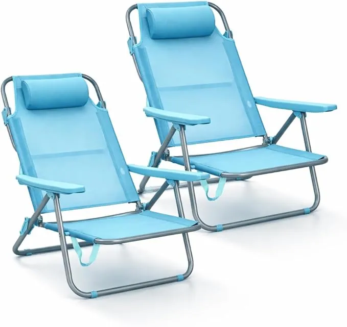 RR Pack de 2 Sillas de Playa Reclinables Plegables con Reposacabezas | Sillas Portátiles para Jardín, Camping, Piscina, Terraza | Estructura de Acero Ligera y Tela Transpirable Resistente