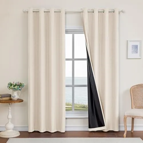 Ystyle 100% Cortinas Opacas 2 Piezas, 200x260cm, Lino Cortinas Dormitorio con Ojales Anti Luz Cortina Termica Aislantes Frio y Calor para Salon, Beige