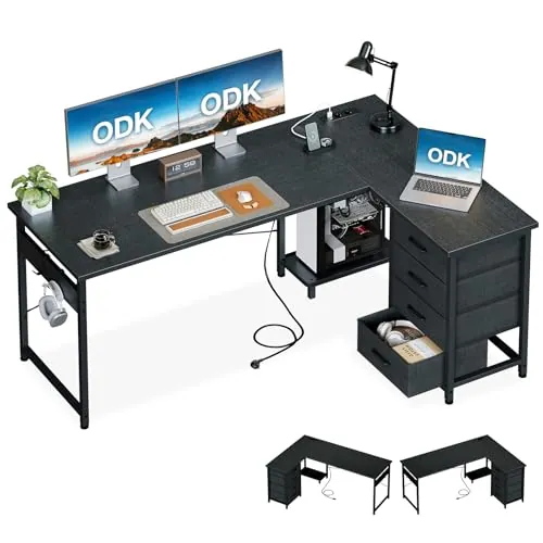 ODK Escritorio Esquinero con Cajones, 155×110 cm Escritorio en L con Enchufes y Puerto de Carga USB, Escritorio Esquina Reversible con Almacenamiento para Oficina en Casa, Negro
