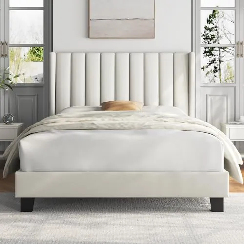 Yaheetech Cama Matrimonio Tapizada con Cabecero con Alas 140x200cm Beige
