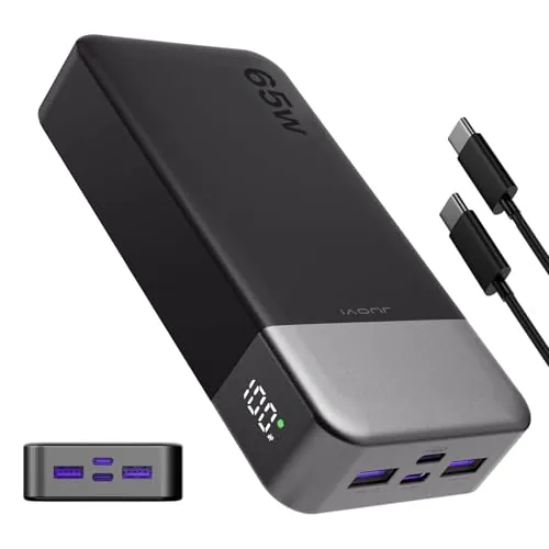 JUOVI Batería Externa Carga Rápida 65W Power Bank 20000mAh Compacto USB-C, Batería Externa Portátil Cargador Portátil para Laptop, MacBook, DELL, iPad, iPhone, Samsung y Más (Negro)