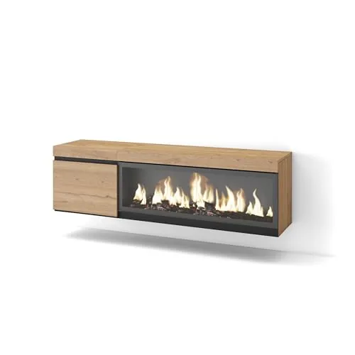 Skraut Home | Mueble TV | Televisión | Muebles de salón, almacenaje | 160 | para TV hasta 65" | Chimenea eléctrica XXL | Colgado, Suspendido | Estilo Moderno | Roble