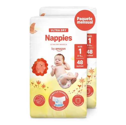 By Amazon Pañales Ultrasecos, Talla 1 (de 2 a 5kg), 96 Unidades (2 Paquetes de 48)
