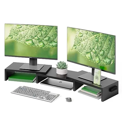 BONTEC Elevador Monitor de Madera para Doble Monitors, Soporte para Monitor Escritorio con Monitor Smartphone Holder, Madera Soporte para Monitor Escritorio de Longitud Ajustable y Giratorio Ángulo