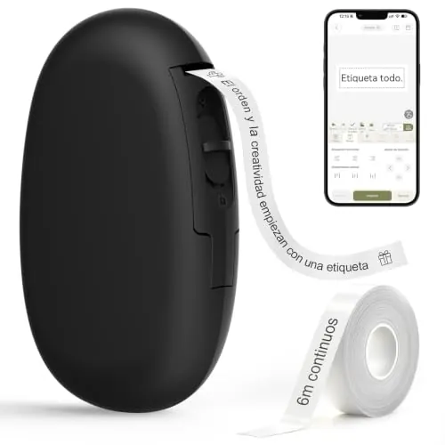 SUPVAN E10 Etiquetadora Bluetooth con Etiquetas Adhesivas Continuas, Negro | App con 30+ Fuentes y 600+ Símbolos, Recargable, Compatible con 40+ Tipos de Etiquetas, Ideal para Hogar, Escuela, Oficina