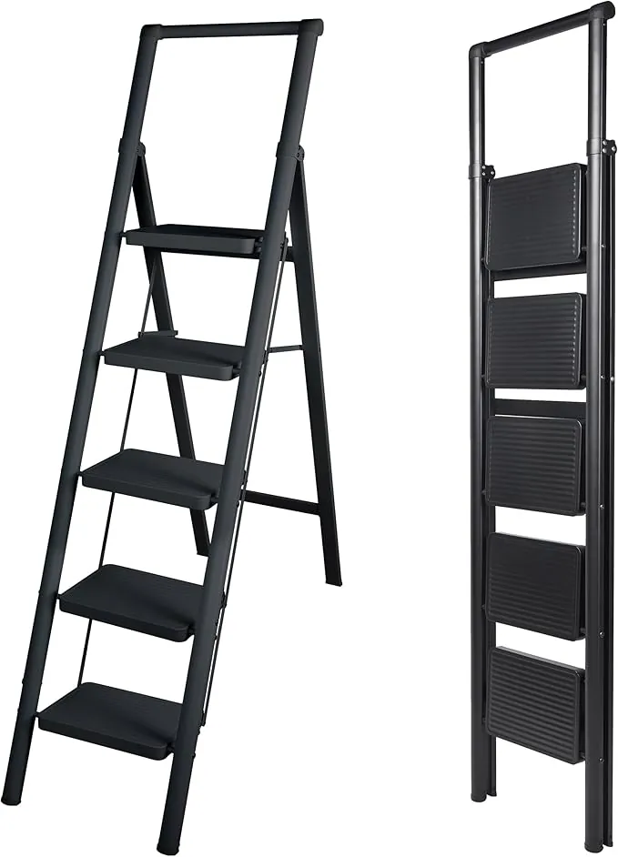 UZIRO Escalera Plegable 5 Peldaños, Liviana y Compacta, Diseño Decorativo, Peldaños Anchos Antideslizantes, Ideal para Uso en Hogar, Cocina y Oficina, Fácil de Guardar y Transportar, Alta Durabilidad