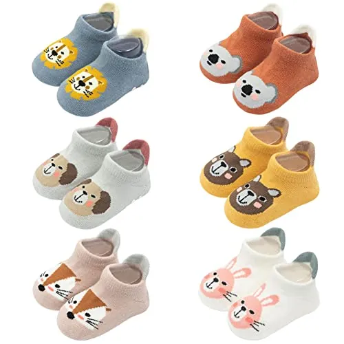 FedMois Calcetines Antideslizantes de Algodón para Bebé Niño Niña Pack de 6, Multicolor, 1-3 Años