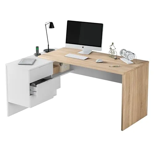 Habitdesign Mesa de Escritorio Reversible con Cajonera, Modelo Office BUC, Mesa de Oficina o Despacho, Modelo Office, Acabado Blanco Artik y Roble Canadian, Medidas: 145x102x73 cm
