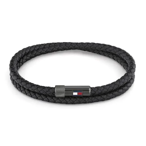 Tommy Hilfiger Jewelry Pulsera para Hombre con Cuero Trenzado Negro de Doble Vuelta - 2790262S