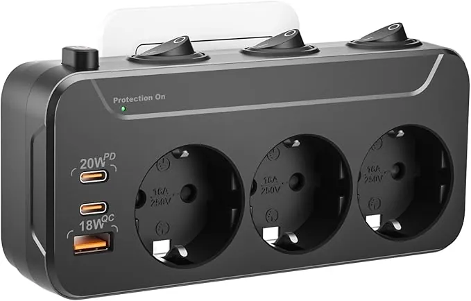 Ladron Enchufes con Interruptor,Enchufe Multiple USB C Carga Rapida PD20W,Regletas Enchufes Pared Protección Sobretensión,Regleta 3 Tomas,Rotación Horizontal y Vertical Triple Enchufe Adaptador,Negro