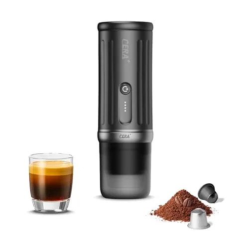CERA+ Cafetera Espresso Portátil Autocalentable,Cafetera Portátil Cápsulas Café Molido,Máquina de Café Portátil 20 Bar,8 Tazas por Carga,3×4500mAh,Cafetera Eléctrica para Camping,Oficina,Viajes Coche