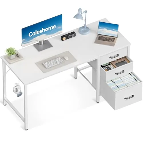 Coleshome Escritorio con 3 Cajones de Tela, 120x48cm Escritorio Espacioso con Soporte para Auriculares, Blanco Escritorio de Ordenador Reversible para Oficina en Casa