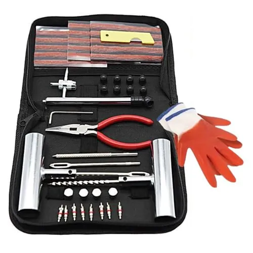 QUNNIE Juego de reparación de neumáticos, 48 Piezas, Herramientas universales de reparación de neumáticos para reparación de pinchazos y Conectores, Herramientas de reparación para Coche, Moto,
