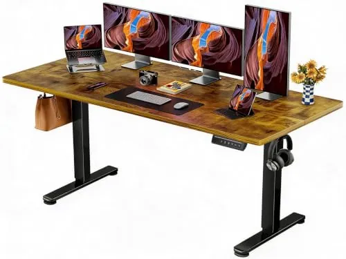 ErGear Escritorio Elevable Eléctrico, 160x80cm, Marrón | Ajuste Eléctrico 72-118cm, 4 Memorias, Carga 80kg, <45dB, Marco Acero Estable, Gancho y Tablero Ensamblado.