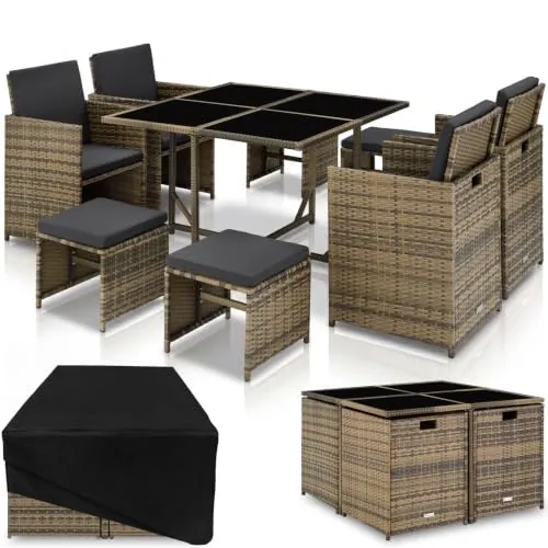 tectake® Conjunto Jardín Exterior de Ratán y Acero, Compacto y Agrupable en Cubo, Muebles Jardín Exterior Resistente a la Intemperie, para 4-8 Personas, Fundas Extraíbles y Funda Protectora - Natural