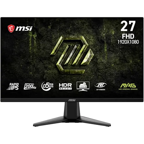 MSI mag 275FA E20 Monitor Gaming de 27" FHD, 1920 x 1080 Rapid IPS, 200 Hz, 0,5 ms, Compatible con HDR, Adaptive Sync, Eye Care, AI Vision, HDMI 2.0b, DP 1.2a, sin Marco, Montaje Vesa, Negro