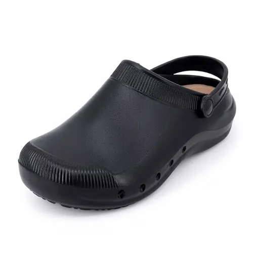 JOMIX Zuecos Mujer Sanitarios EVA Zapatos de Trabajo Profesionales Ligeros Antideslizantes para Enfermera Hospital Cocina Zuecos con Tacón 3.8cm PD7869, Negro, 39 EU