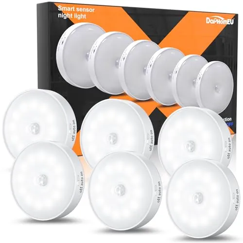 6 Pack Luz Led Nocturna con Sensor de Movimiento,12 LED, Lámpara LED Recargable USB, Luz Nocturna para pared, iluminación de armario, sensor de movimiento interior para escaleras, dormitorio, cocina.