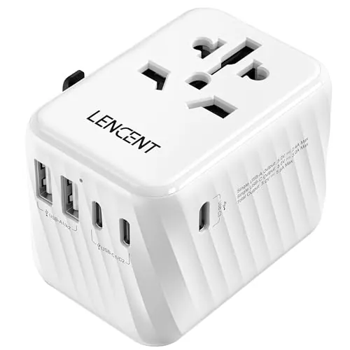 LENCENT Adaptador Enchufe Universal para Viaje, Cargador Internacional con 3 Puertos USB-C de 5,6A y 2 USB-A, Adaptador Enchufe Europeo para Móvil, Tableta, Portátil, EU/USA/UK/AU/China, Blanco