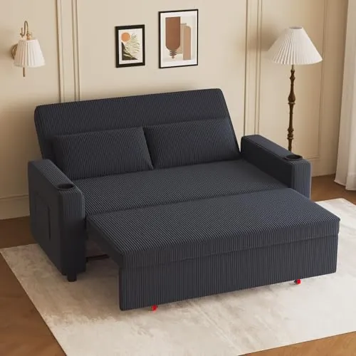 JUMMICO Sofá Cama Convertible, Loveseat de 2 Plazas con Descansaespaldas Ajustable, Sofá Pequeño Retráctil de Tela de Corduroy Moderna, para Sala de Estar y Dormitorio, Color Negro