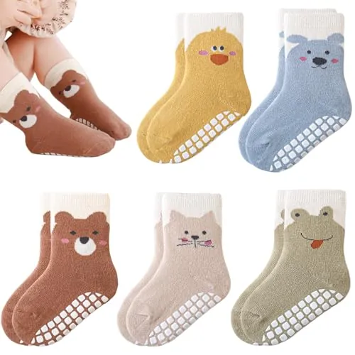 ZYUPHY Calcetines Antideslizantes Bebe 5 Pares Algodón Calcetines Bebe Calcetines Antideslizantes con Suela de Silicona Patucos Bebe Recien Nacido para Primavera Otoño Invierno Adecuado Para 0-5 Años