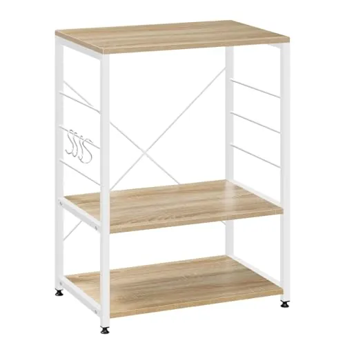 WOLTU Estantería de Cocina de Microondas de Madera y Acero con 3 Estantes 60 x 40 x 82 cm, Blanco + Roble Claro