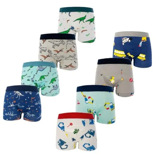 FedMois Pack de 8 - Calzoncillos Bóxer Algodón de Niños, Dinosaurios y Autos, 3-5 años