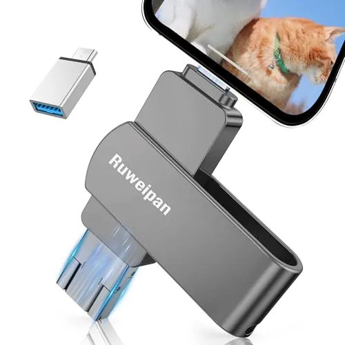 Pendrive para Phone,Ruweipan [Sin App] Memoria Extern 128GB Mini Photo Stick USB 3.0 Transmisión de Alta Velocidad 4 en 1 Pen Drive para Type C-Phone iOS/OTG Smartphone/PC/Laptop,128GB Nergo