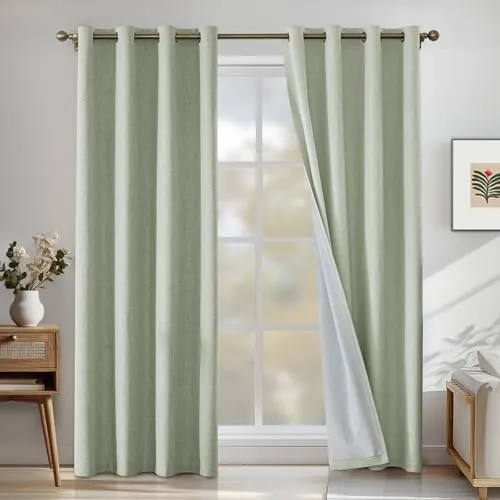 CYCMACO 100% Cortinas Opacas 2 Piezas, 140x245cm, Cortina Opaca Termica Aislante, Lino Cortinas Acusticas Antiruido, Cortina Salon Modernas con Ojales, para Habitacion Comedor, Verde Claro