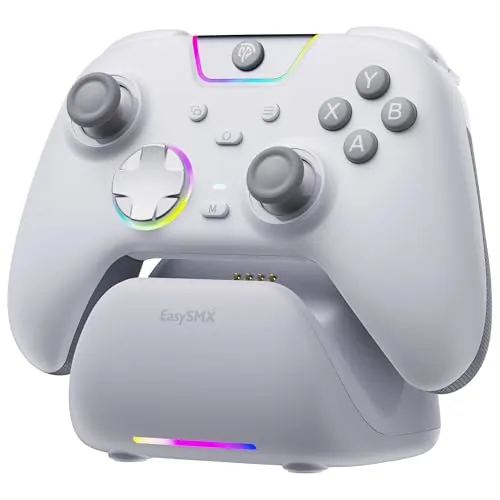 EasySMX X05Pro Mando PC Inalámbrico con Base, 1000Hz, Joysticks Hall, Botones Silenciosos, Gatillos de 2 Etapas, D-Pad 8 Direcciones, 1000mAh, 2 Botones Programables, PC/Switch/Android/iOS – Blanco.