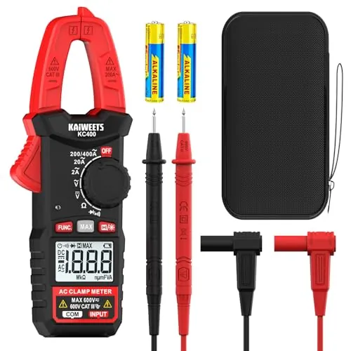KAIWEETS Pinza Amperimétrica Digital 400A, Multímetro de Gancho Portátil TRMS, 600V AC/DC, Auto-Rango, Medición de Corriente AC, Voltaje, Resistencia, Continuidad y Diodo, KC400