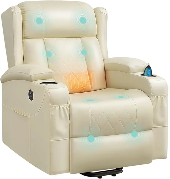 WOLTU Sillón Reclinable Eléctrico, Sillón de Masaje con Ayuda para Levantarse, Sillon Relax con Calefacción de Masaje, Reposapiés, Bolsillos, Portavasos, Puerto USB, PU, Beige, SKS62be