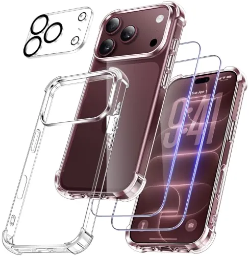 FLLAO 4 en 1 Funda para iPhone 18 Pro 6.3", Transparente | 2 Protector Pantalla y 1 Protector Lente Cámara, Almohadilla de Aire integrada, Antigolpes Antiarañazos Capa Carcasa