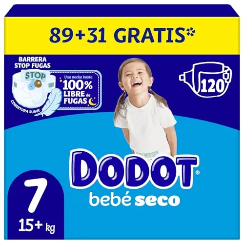 Dodot Pañales Bebé Seco Talla 7 (15+kg), 120 Pañales, Noche Sin Fugas