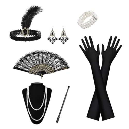 SSKHE GWAWG - Accesorios de los años 20 para mujer, juego de accesorios Flapper Great Gatsby de los años 20, diadema, guantes, collar, aretes, abanico plegable de encaje, para carnaval, festival