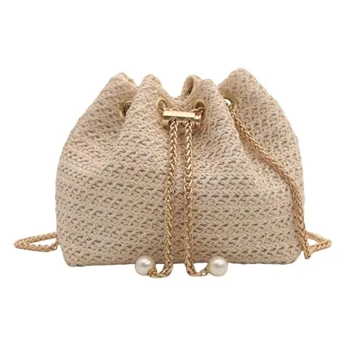 TOFBS Bolso Mujer Clutches de Paja Mano Tejido Bolsa con Cadena Elegante la Tarde Bolsos Bandolera Vintage Bohemio Casual para Vacaciones Playa (Beige)